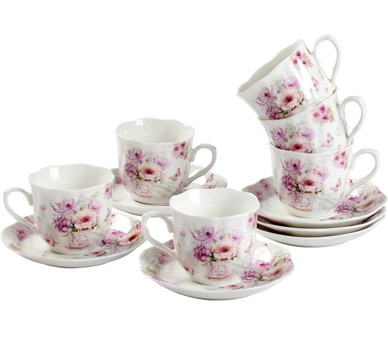 GuangYang 2.5 oz Porcelain Espresso Cups and Saucers Set â€“ Floral Design, Purple Pattern â€“ Gift-Ready, Elegant Mini Coffee Set of 6 for Home or Gifting - Image 1